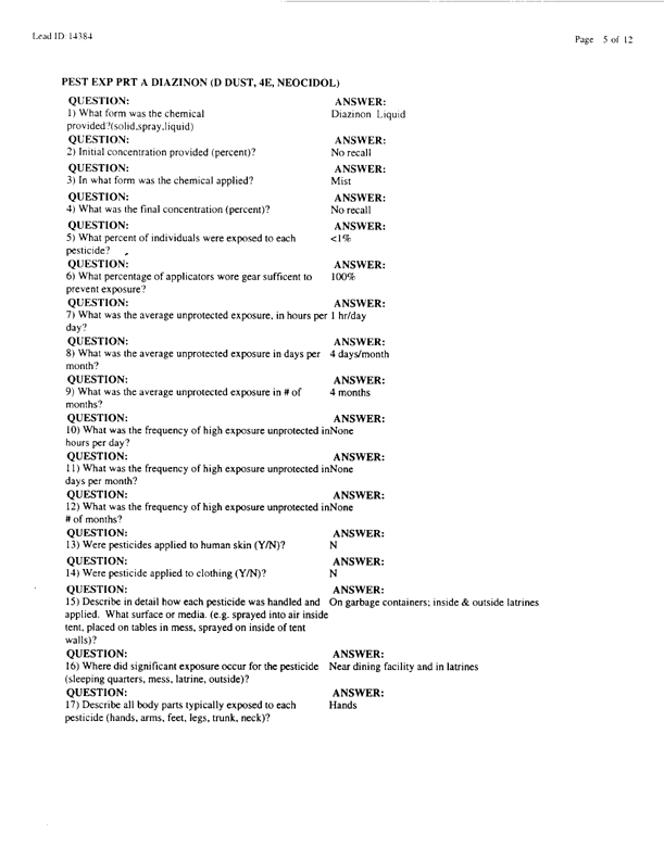   Lead Sheet #14384, Interview with 307th Medical Battalion preventive medicine specialist, February 9, 1998.