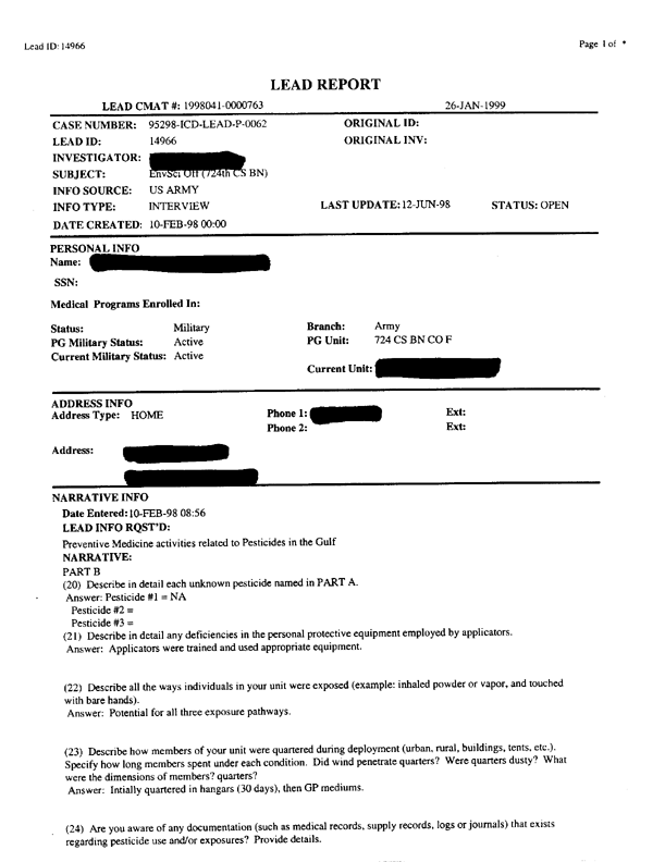   Lead Sheet #14966, Interview with 24th Mech. Infantry Division environmental science officer, February 10, 1998.
