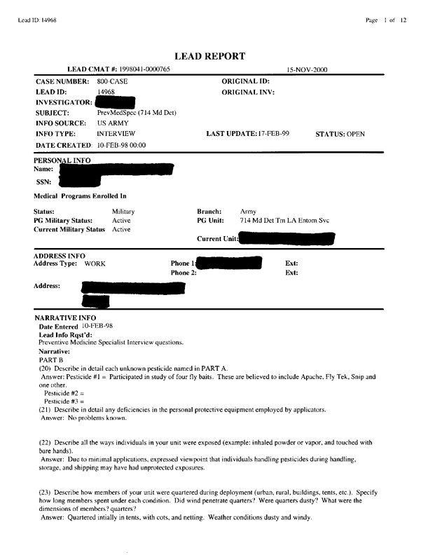   Lead Sheet #14968, Interview with 714th Medical Detachment preventive medicine specialist, March 10, 1998.