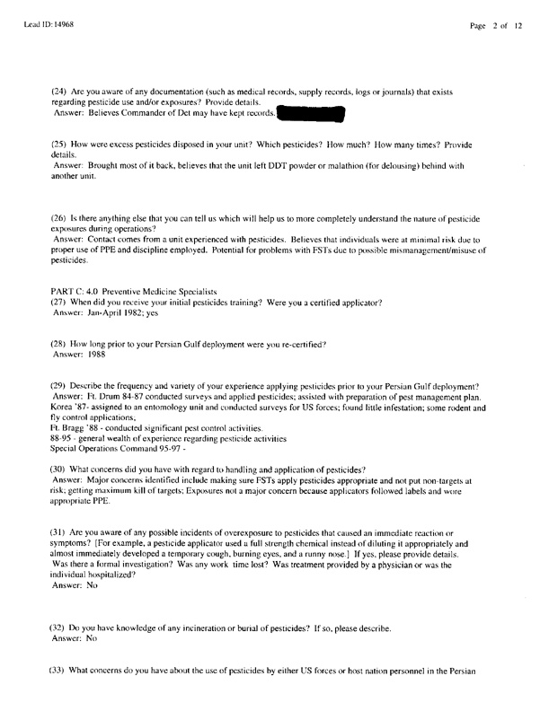   Lead Sheet #14968, Interview with 714th Medical Detachment preventive medicine specialist, March 10, 1998.