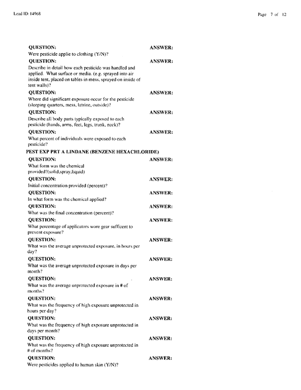   Lead Sheet #14968, Interview with 714th Medical Detachment preventive medicine specialist, March 10, 1998.