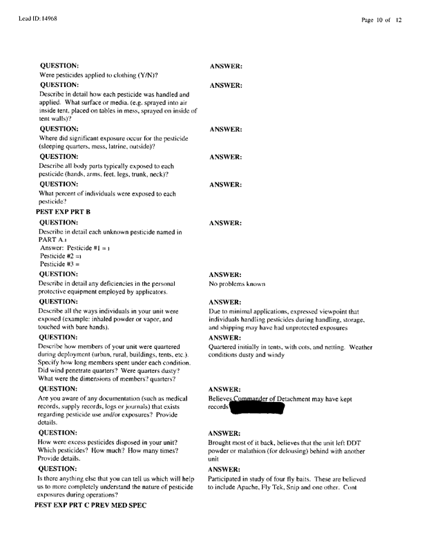   Lead Sheet #14968, Interview with 714th Medical Detachment preventive medicine specialist, March 10, 1998.