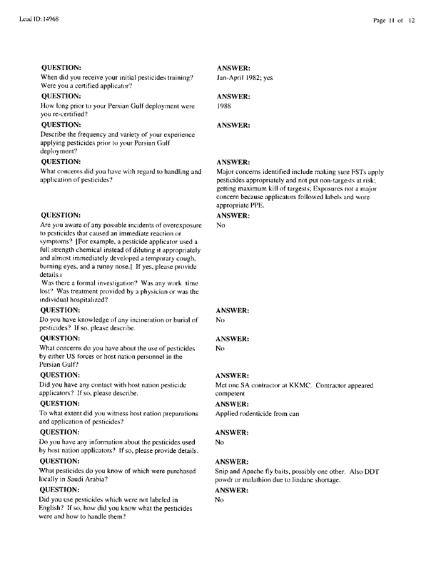   Lead Sheet #14968, Interview with 714th Medical Detachment preventive medicine specialist, March 10, 1998.