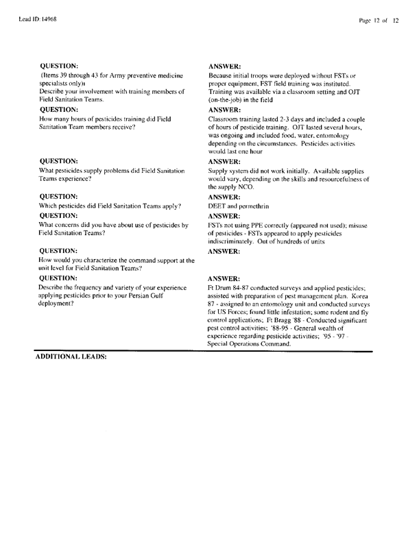   Lead Sheet #14968, Interview with 714th Medical Detachment preventive medicine specialist, March 10, 1998.