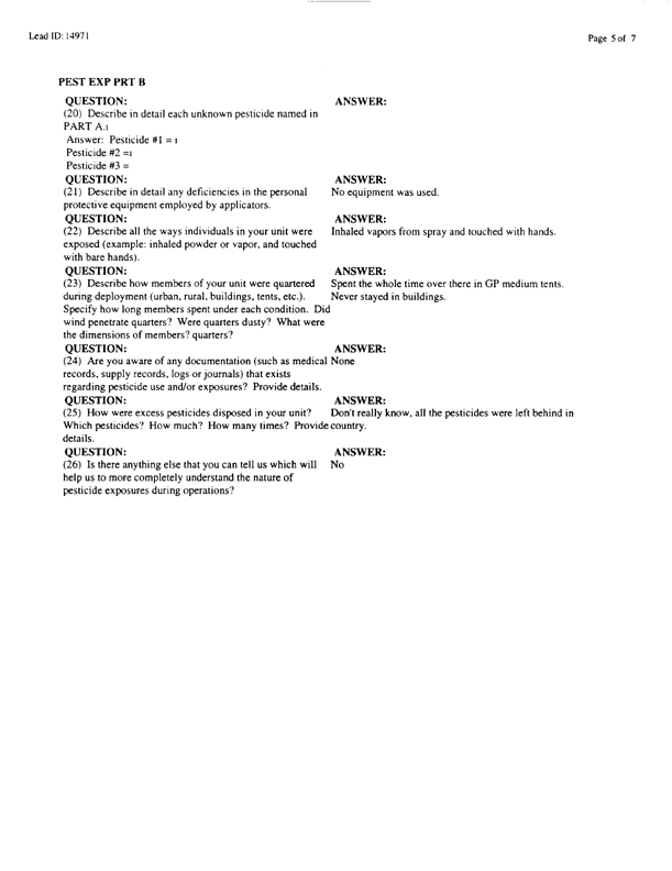   Lead Sheet #14971, Interview with 1st Armored Division, 123rd Combat Support Battalion, Company F preventive medicine specialist, February 10, 1998.