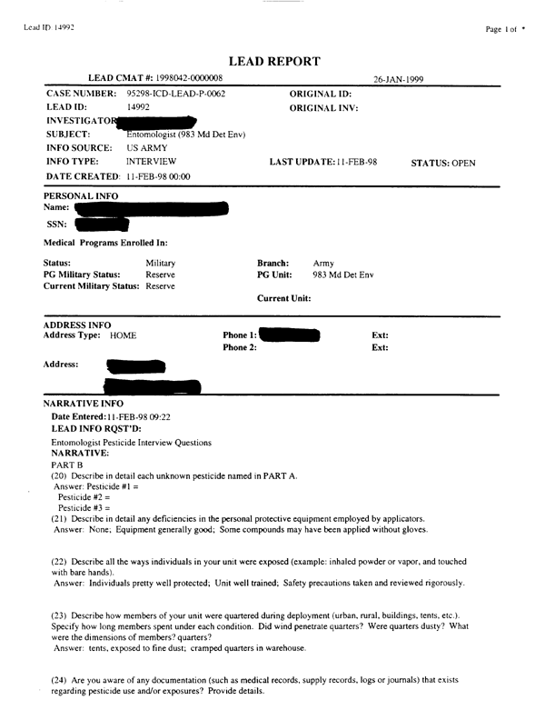 Lead Sheet #14992, Interview with 983rd Medical Detachment entomologist, February 11, 1998.