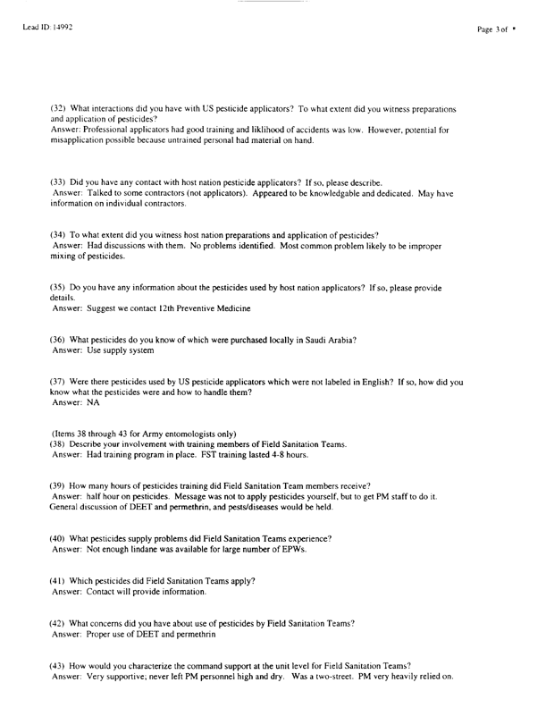 Lead Sheet #14992, Interview with 983rd Medical Detachment entomologist, February 11, 1998.