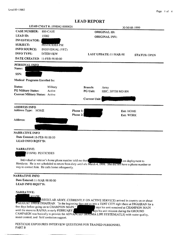 Lead Sheet #15002, Interview with 307th Medical Battalion preventive medicine specialist, March 11, 1998.