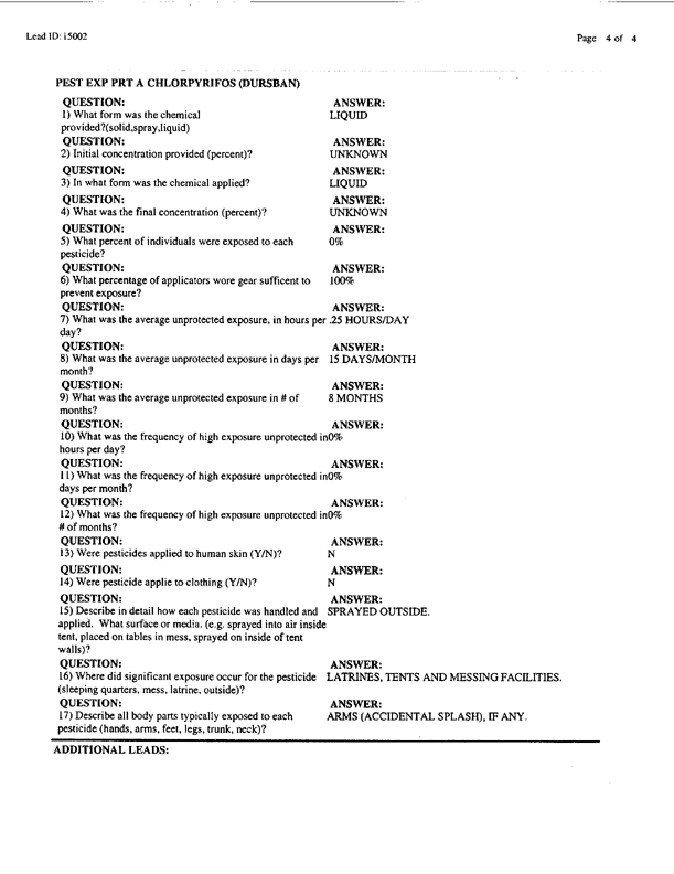 Lead Sheet #15002, Interview with 307th Medical Battalion preventive medicine specialist, March 11, 1998.