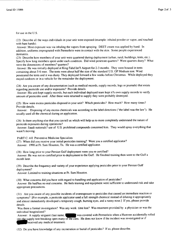   Lead Sheet #15006, Interview with 326th Medical Battalion preventive medicine specialist, February 19, 1998.