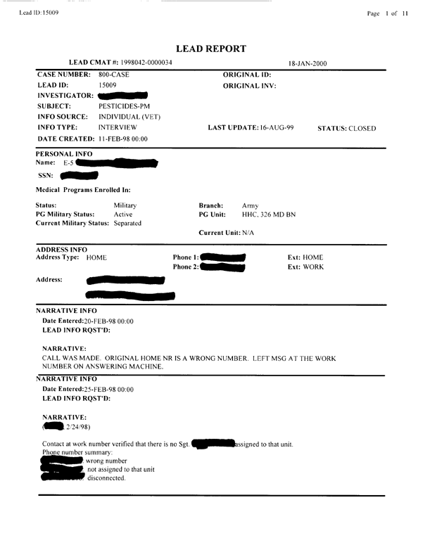   Lead Sheet #15009, Interview with 326th Medical Battalion preventive medicine specialist, February 24, 1998.