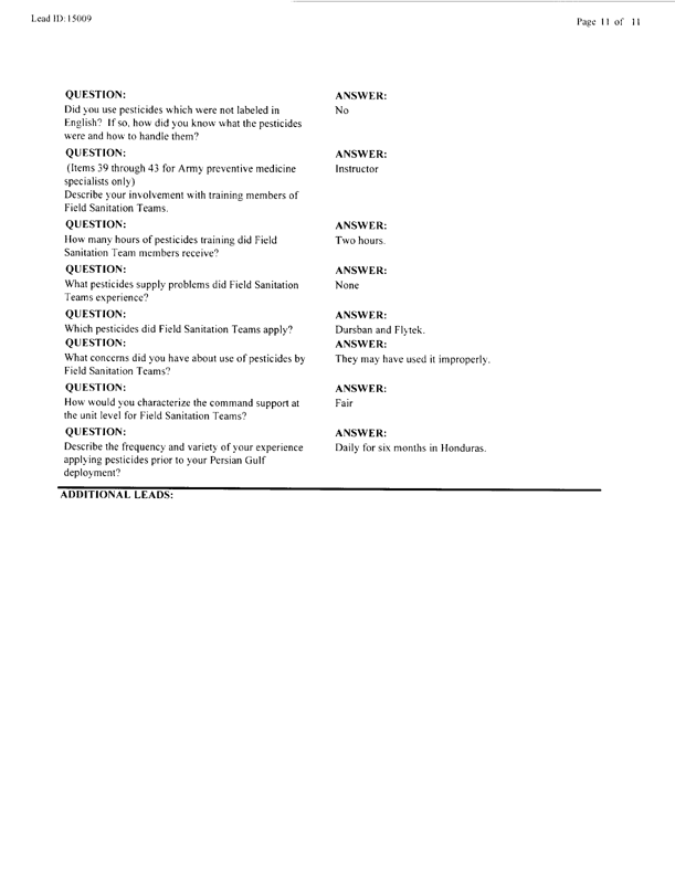   Lead Sheet #15009, Interview with 326th Medical Battalion preventive medicine specialist, February 24, 1998.