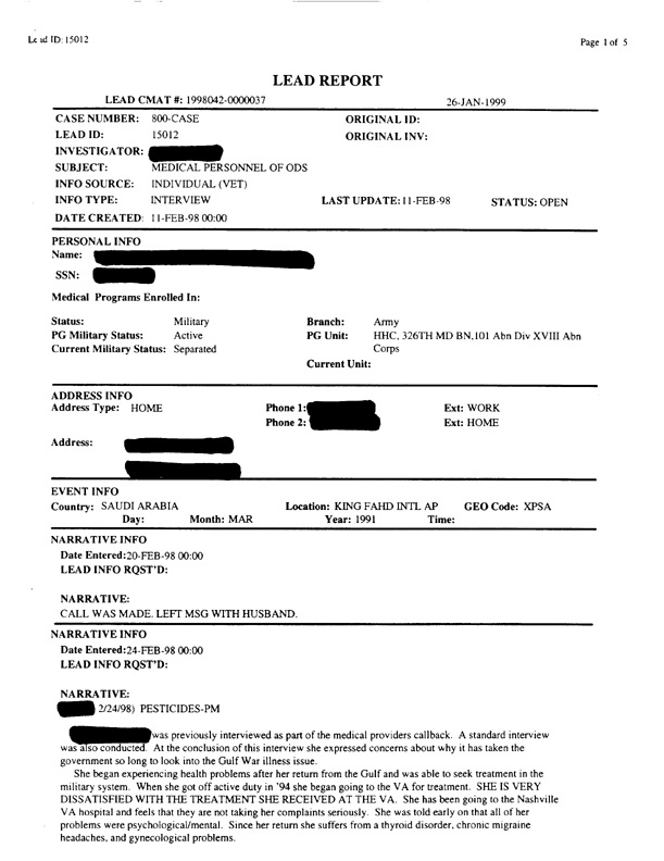 Lead Sheet #15012, Interview with 101 ABN 326th Medical Battalion doctor, February 11, 1998.