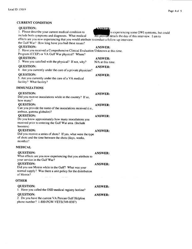   Lead Sheet #15019, Interview with 926th Medical Detachment preventive medicine specialist, May 6, 1998.