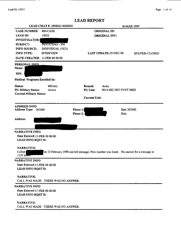   Lead Sheet #15033, Interview with 14th Medical Detachment preventive medicine specialist, September 11, 1998; 