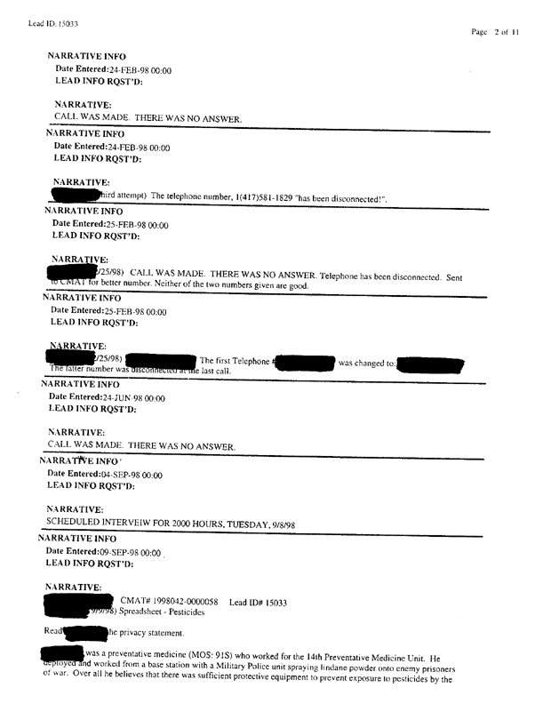   Lead Sheet #15033, Interview with 14th Medical Detachment preventive medicine specialist, September 11, 1998; 