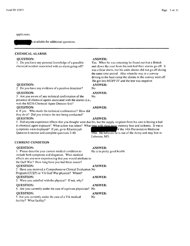   Lead Sheet #15033, Interview with 14th Medical Detachment preventive medicine specialist, September 11, 1998; 