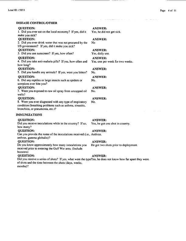  Lead Sheet #15033, Interview with 14th Medical Detachment preventive medicine specialist, September 11, 1998; 