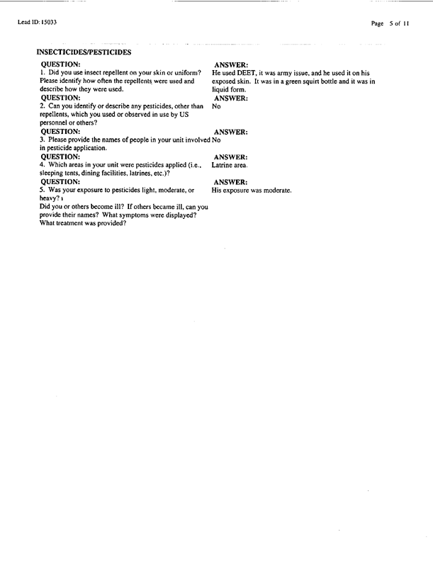   Lead Sheet #15033, Interview with 14th Medical Detachment preventive medicine specialist, September 11, 1998; 