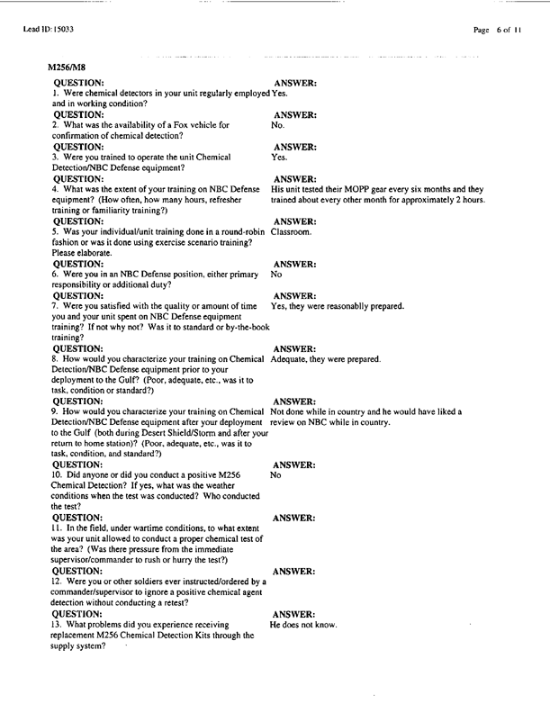   Lead Sheet #15033, Interview with 14th Medical Detachment preventive medicine specialist, September 11, 1998; 