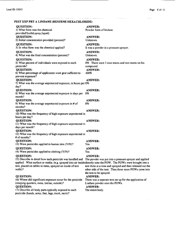   Lead Sheet #15033, Interview with 14th Medical Detachment preventive medicine specialist, September 11, 1998; 