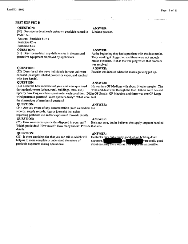  Lead Sheet #15033, Interview with 14th Medical Detachment preventive medicine specialist, September 11, 1998; 
