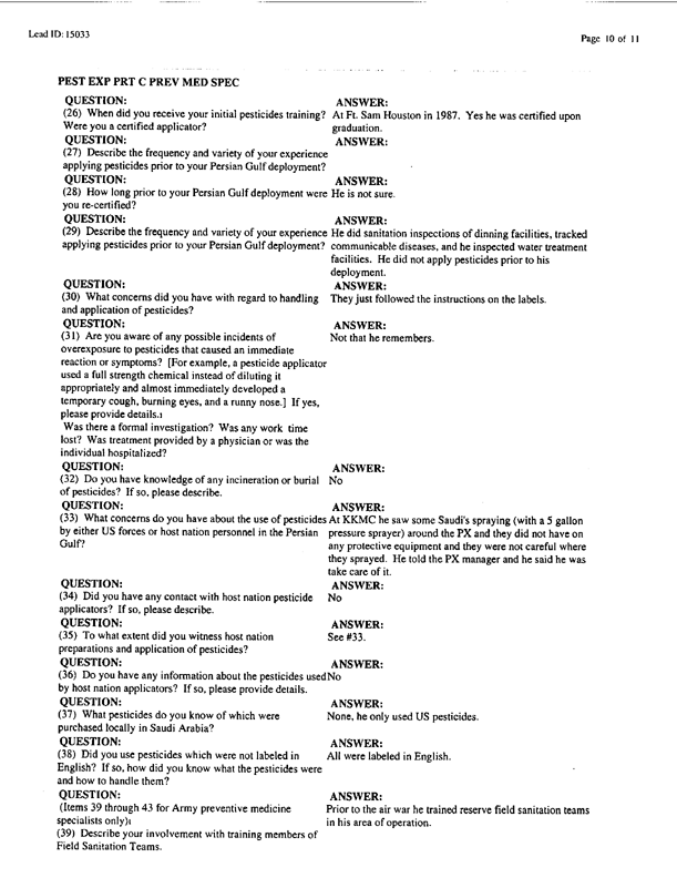   Lead Sheet #15033, Interview with 14th Medical Detachment preventive medicine specialist, September 11, 1998; 