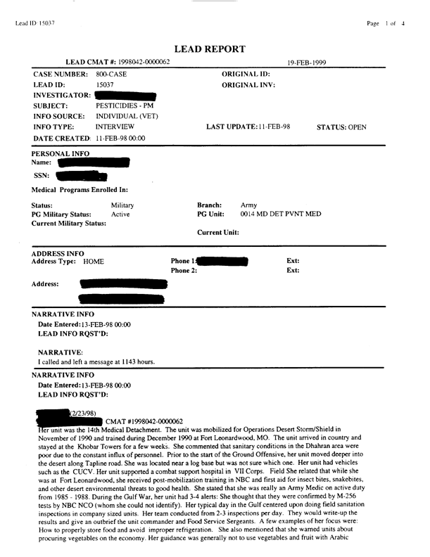   Lead Sheet #15037, Interview with 14th Medical Detachment preventive medicine specialist, February 11, 1998.