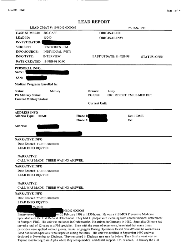   Lead Sheet #15040, Interview with 71st Medical Detachment preventive medicine specialist, March 3, 1998.