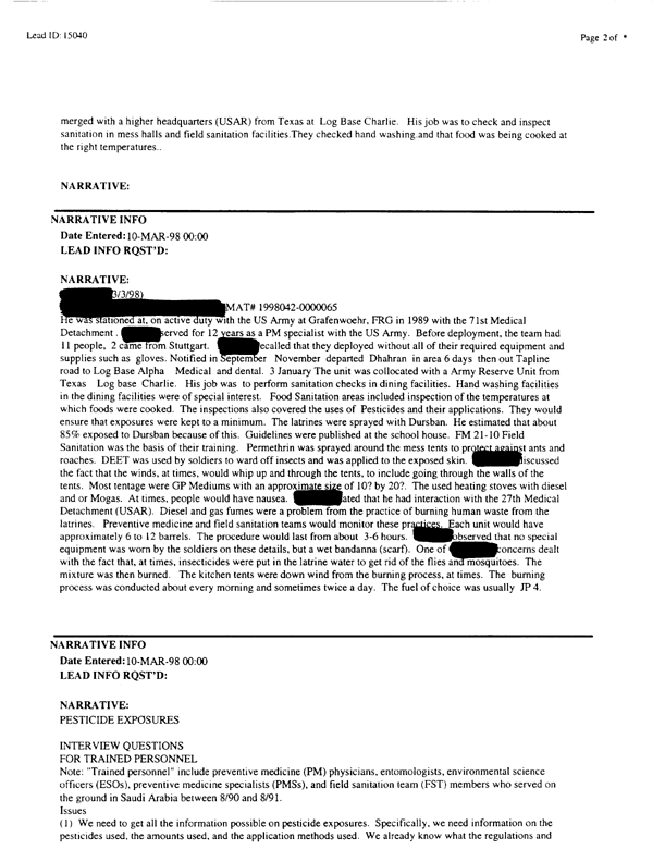   Lead Sheet #15040, Interview with 71st Medical Detachment preventive medicine specialist, March 3, 1998.