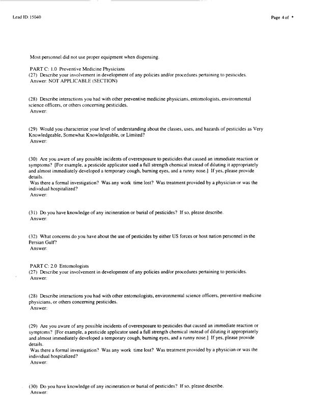   Lead Sheet #15040, Interview with 71st Medical Detachment preventive medicine specialist, March 3, 1998.