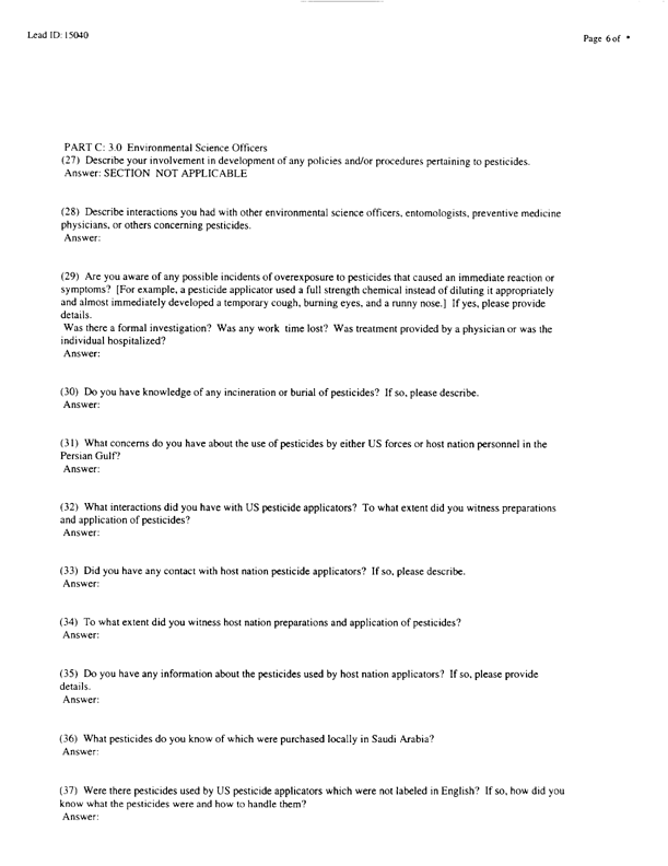   Lead Sheet #15040, Interview with 71st Medical Detachment preventive medicine specialist, March 3, 1998.