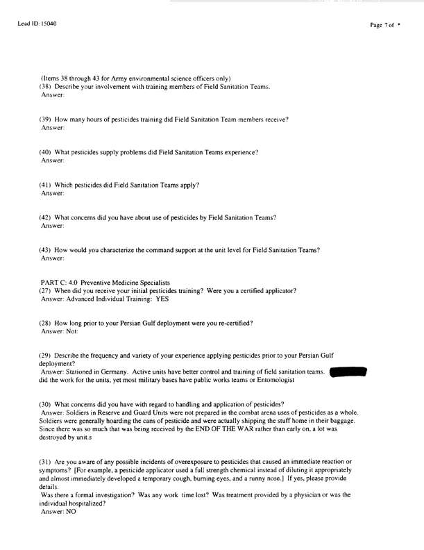   Lead Sheet #15040, Interview with 71st Medical Detachment preventive medicine specialist, March 3, 1998.