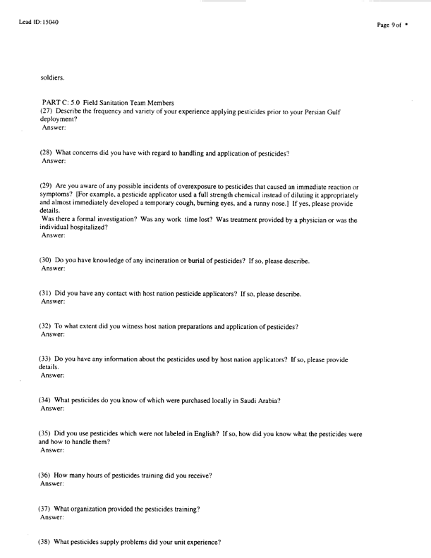   Lead Sheet #15040, Interview with 71st Medical Detachment preventive medicine specialist, March 3, 1998.