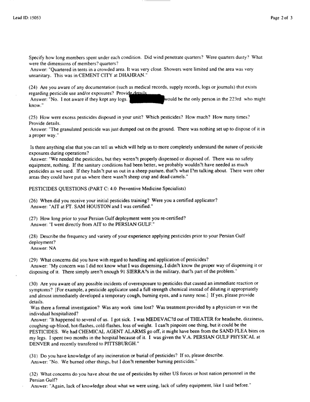   Lead Sheet #15053, Interview with 223rd Medical Detachment preventive medicine specialist, February 13, 1998.