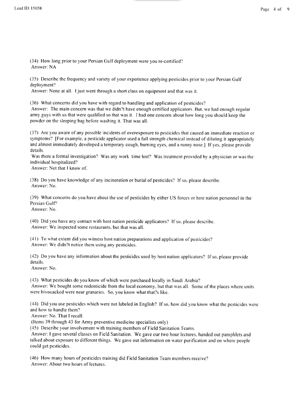   Lead Sheet #15058, Interview with 983rd Medical Detachment preventive medicine specialist, March 4, 1998.