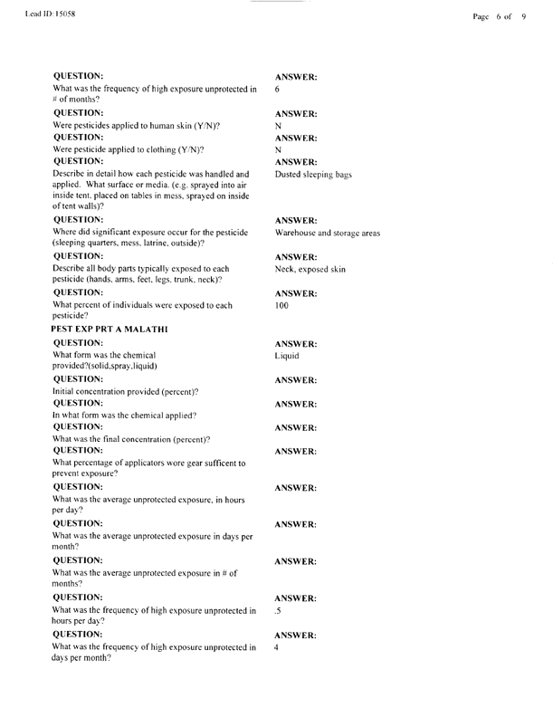   Lead Sheet #15058, Interview with 983rd Medical Detachment preventive medicine specialist, March 4, 1998.