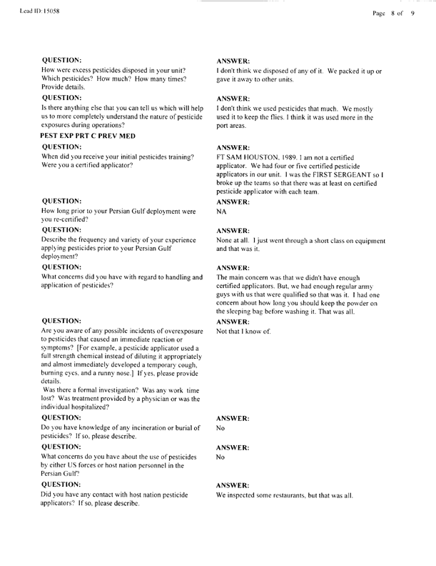   Lead Sheet #15058, Interview with 983rd Medical Detachment preventive medicine specialist, March 4, 1998.