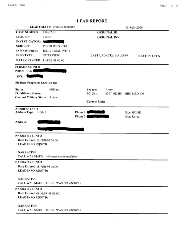   Lead Sheet #15062, Interview with 82nd Airborne Battalion, 307th Medical Battalion preventive medicine specialist, March 18, 1998.