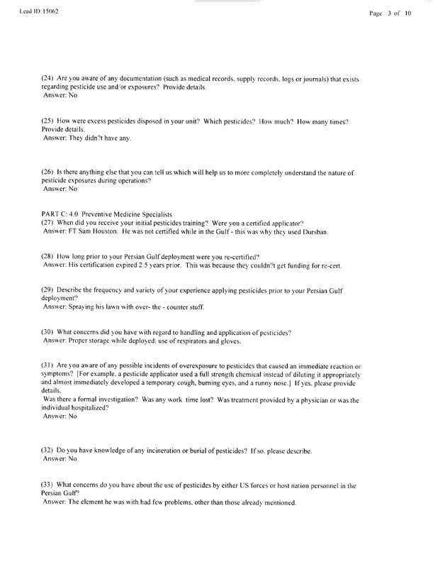   Lead Sheet #15062, Interview with 82nd Airborne Battalion, 307th Medical Battalion preventive medicine specialist, March 18, 1998.