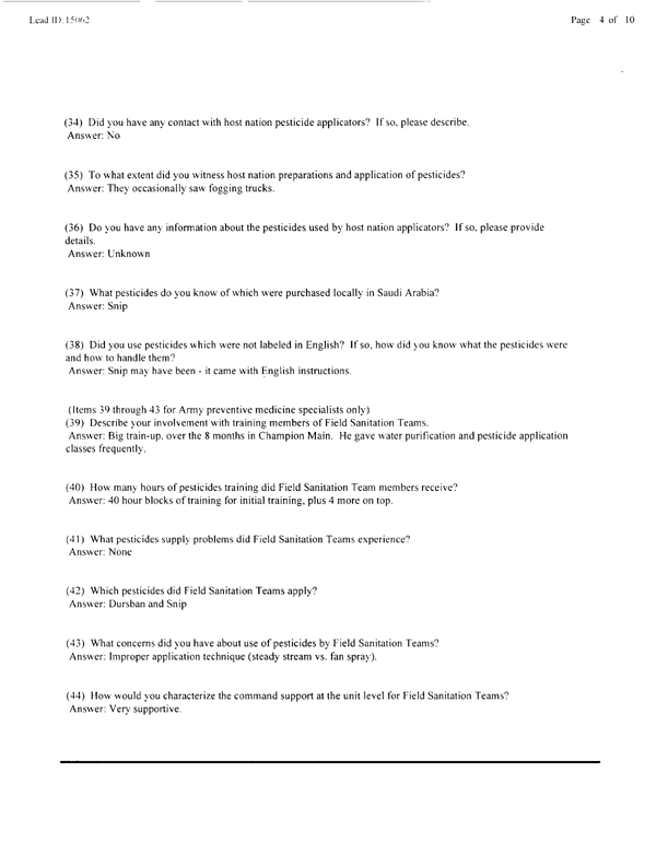   Lead Sheet #15062, Interview with 82nd Airborne Battalion, 307th Medical Battalion preventive medicine specialist, March 18, 1998.