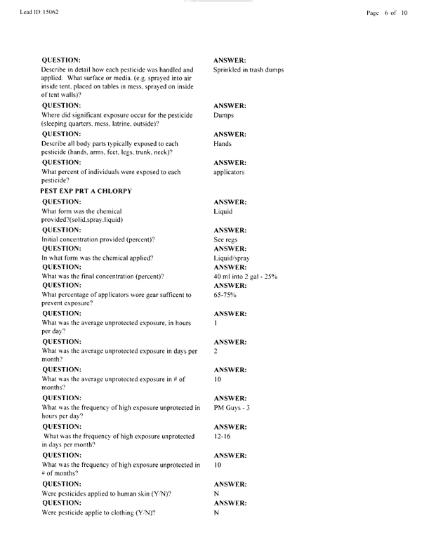   Lead Sheet #15062, Interview with 307th Medical Battalion preventive medicine specialist, March 18, 1998.