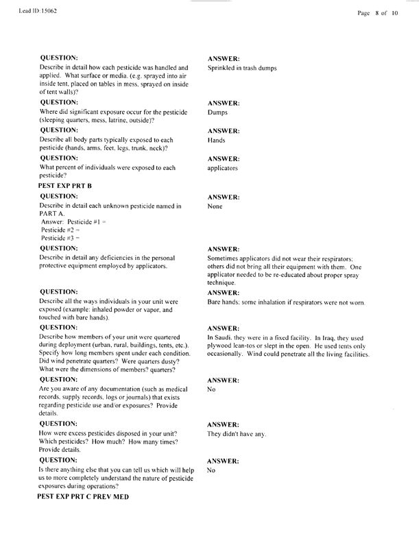   Lead Sheet #15062, Interview with 307th Medical Battalion preventive medicine specialist, March 18, 1998.