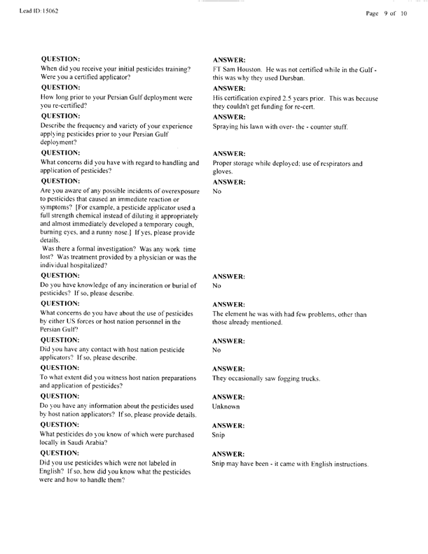   Lead Sheet #15062, Interview with 307th Medical Battalion preventive medicine specialist, March 18, 1998.