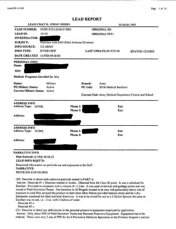   Lead Sheet #15110, Interview with 307th Medical Battalion environmental science officer, February 16, 1998.