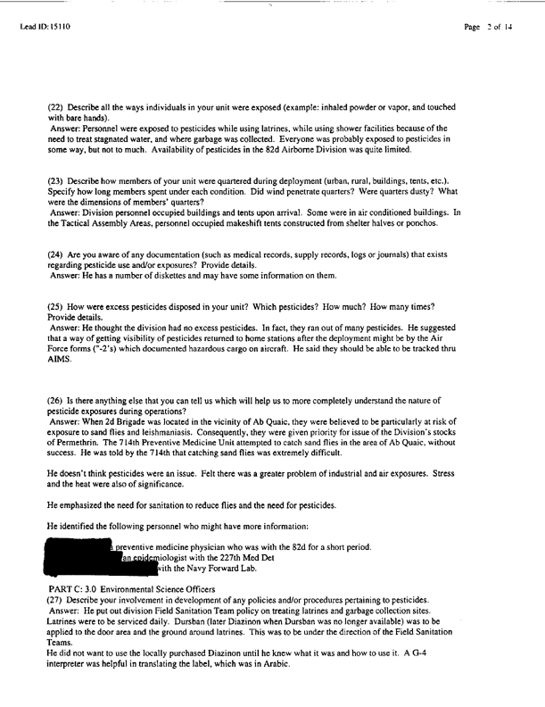   Lead Sheet #15110, Interview with 307th Medical Battalion environmental science officer, February 16, 1998.