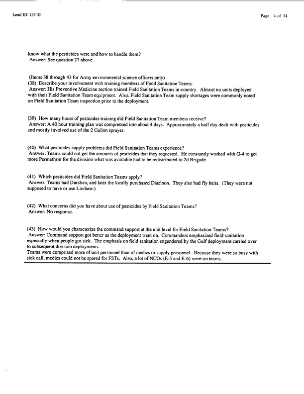   Lead Sheet #15110, Interview with 307th Medical Battalion environmental science officer, February 16, 1998.