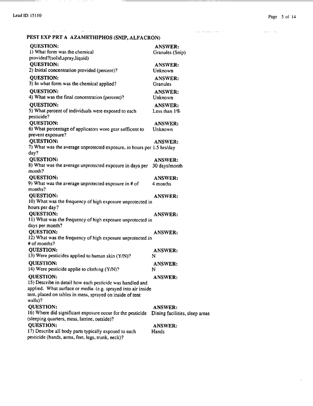   Lead Sheet #15110, Interview with 307th Medical Battalion environmental science officer, February 16, 1998.