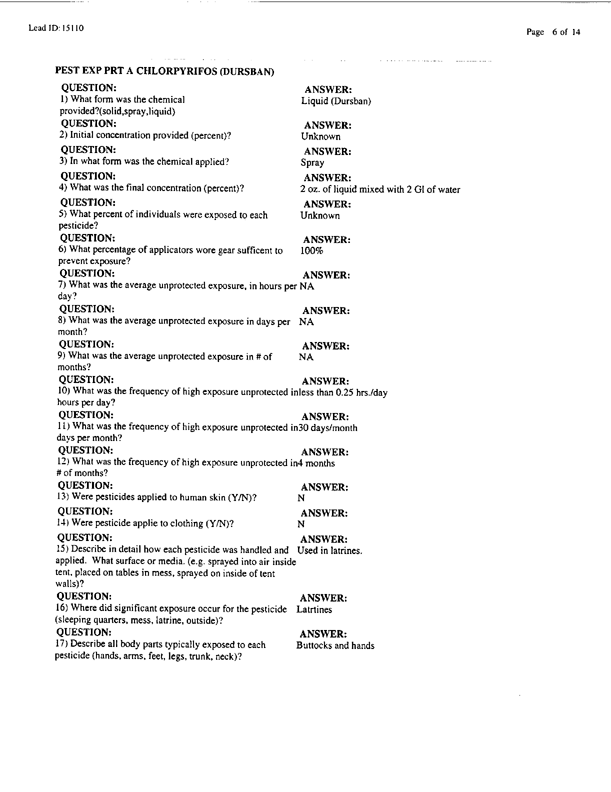   Lead Sheet #15110, Interview with 307th Medical Battalion environmental science officer, February 16, 1998.