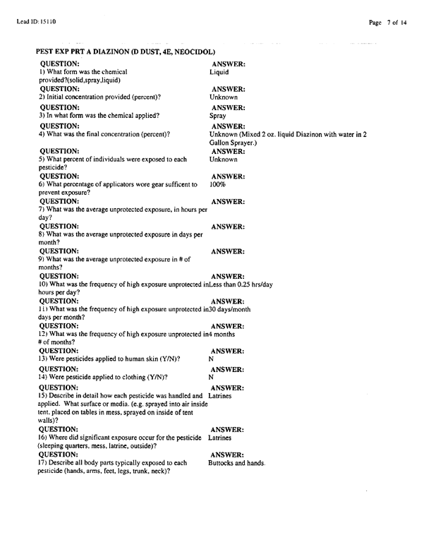   Lead Sheet #15110, Interview with 307th Medical Battalion environmental science officer, February 16, 1998.
